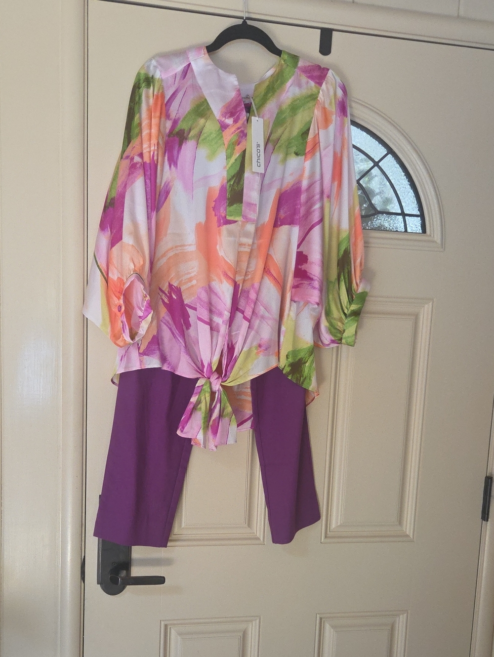 Chico's Floral Watercolor Tie-Front Tunic in Pink, Green & Orange Matching Pants